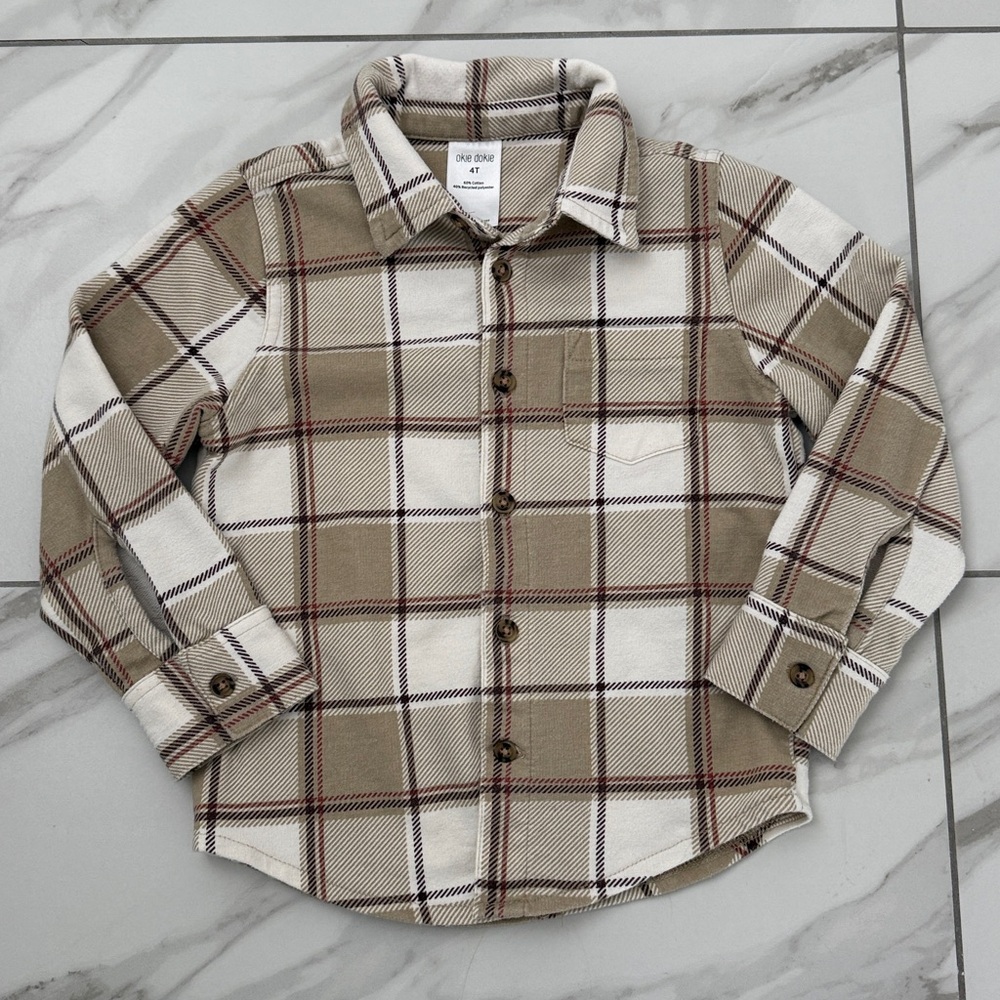 Boys 4T Bundle Outfit Plaid Button-Up Shirt with Khakis and LS Henley Shirt - Picture 3 of 7